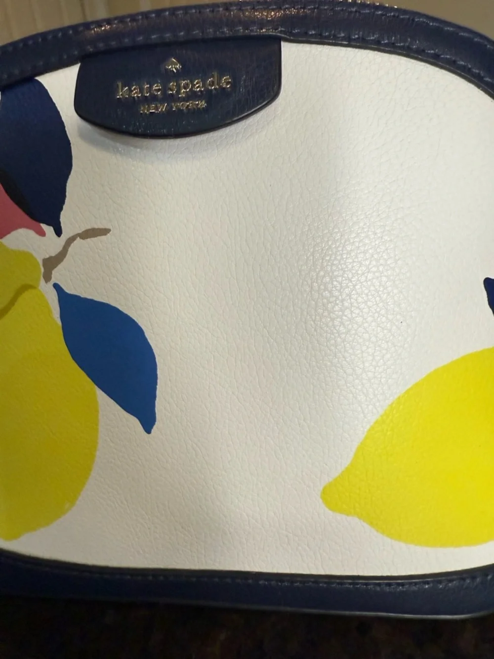kate spade White Lemon Print Dome Crossbody with Navy Trim